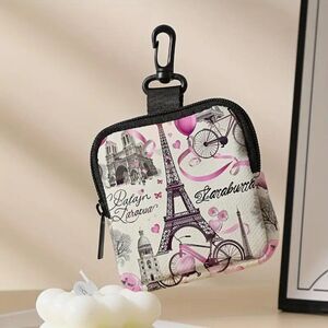 1pc Chic Parisian Eiffel Tower & Bicycle Print Clip on Coin Wallet